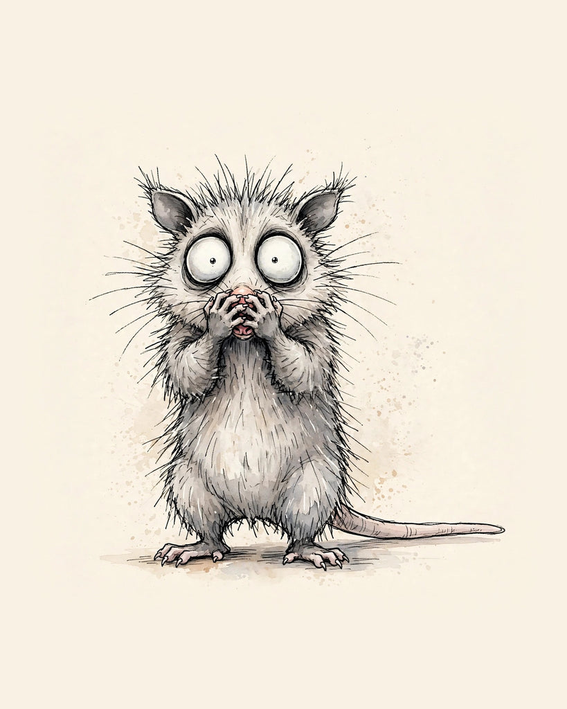 Wordless horrified Possum watercolor art print — the artwork alone on a warm cream background, no text