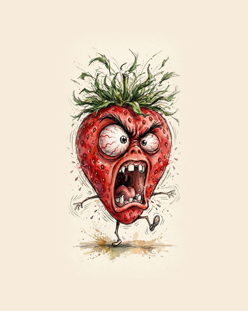Wordless furious Strawberry watercolor art print — the artwork alone on a warm cream background, no text