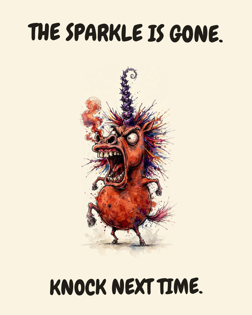 Unicorn watercolor art print with the saying "THE SPARKLE IS GONE. KNOCK NEXT TIME."