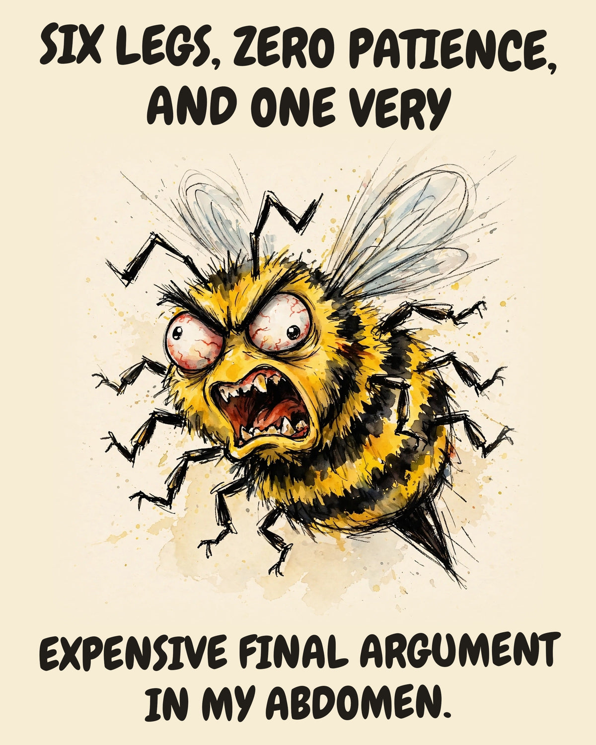 Bee watercolor art print with the saying "SIX LEGS, ZERO PATIENCE, AND ONE VERY EXPENSIVE FINAL ARGUMENT IN MY ABDOMEN."