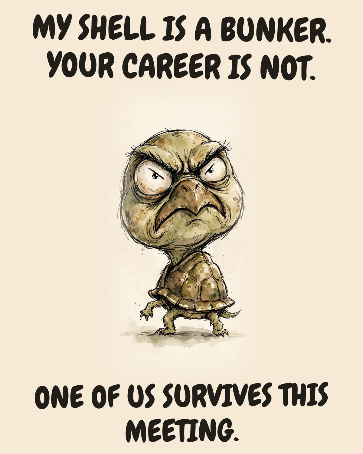 Turtle watercolor art print with the saying "MY SHELL IS A BUNKER. YOUR CAREER IS NOT. ONE OF US SURVIVES THIS MEETING."