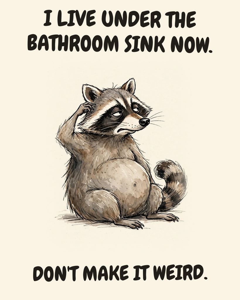 Raccoon watercolor art print with the saying "I LIVE UNDER THE BATHROOM SINK NOW. DON'T MAKE IT WEIRD."