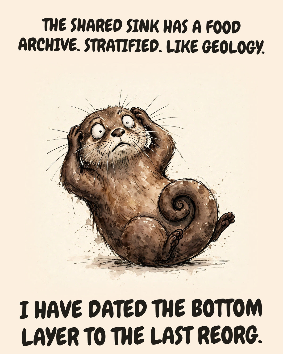 Otter watercolor art print with the saying "THE SHARED SINK HAS A FOOD ARCHIVE. STRATIFIED. LIKE GEOLOGY. I HAVE DATED THE BOTTOM LAYER TO THE LAST REORG."