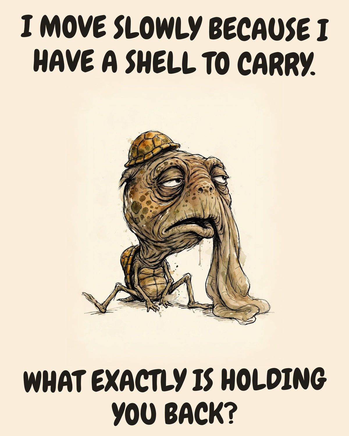Turtle watercolor art print with the saying "I MOVE SLOWLY BECAUSE I HAVE A SHELL TO CARRY. WHAT EXACTLY IS HOLDING YOU BACK?"