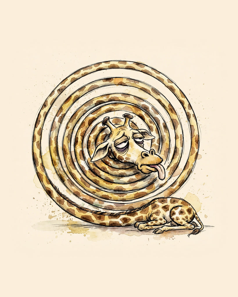 Wordless exhausted Giraffe watercolor art print — the artwork alone on a warm cream background, no text