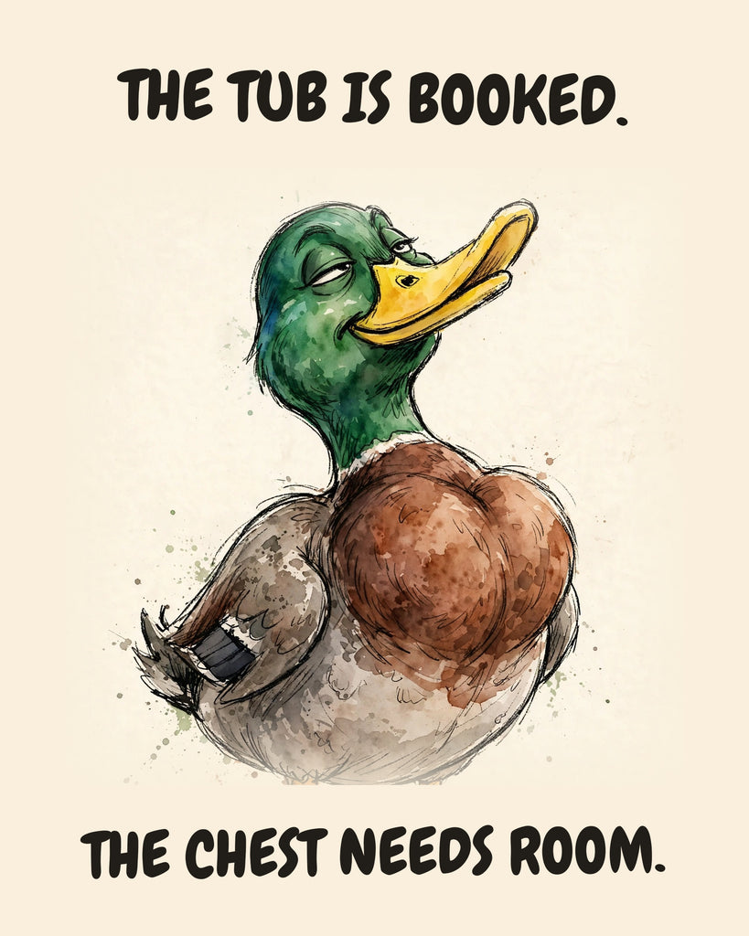Mallard watercolor art print with the saying "THE TUB IS BOOKED. THE CHEST NEEDS ROOM."
