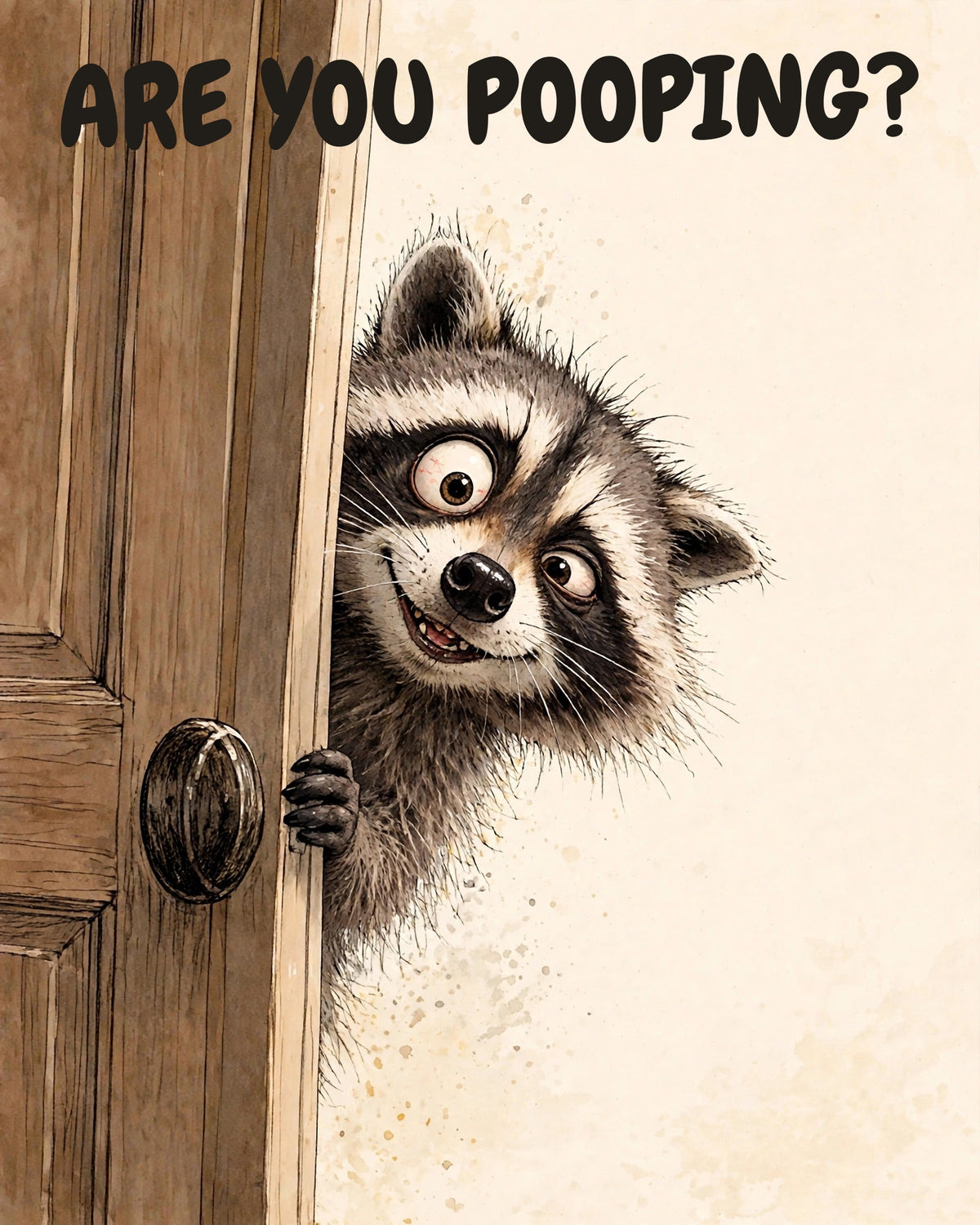 Horrified Raccoon bathroom art print in watercolor style, a raccoon peeking around a door edge, one huge bulging bloodshot eye and one smaller lower eye, grinning with bared teeth, captioned “ARE YOU POOPING?”