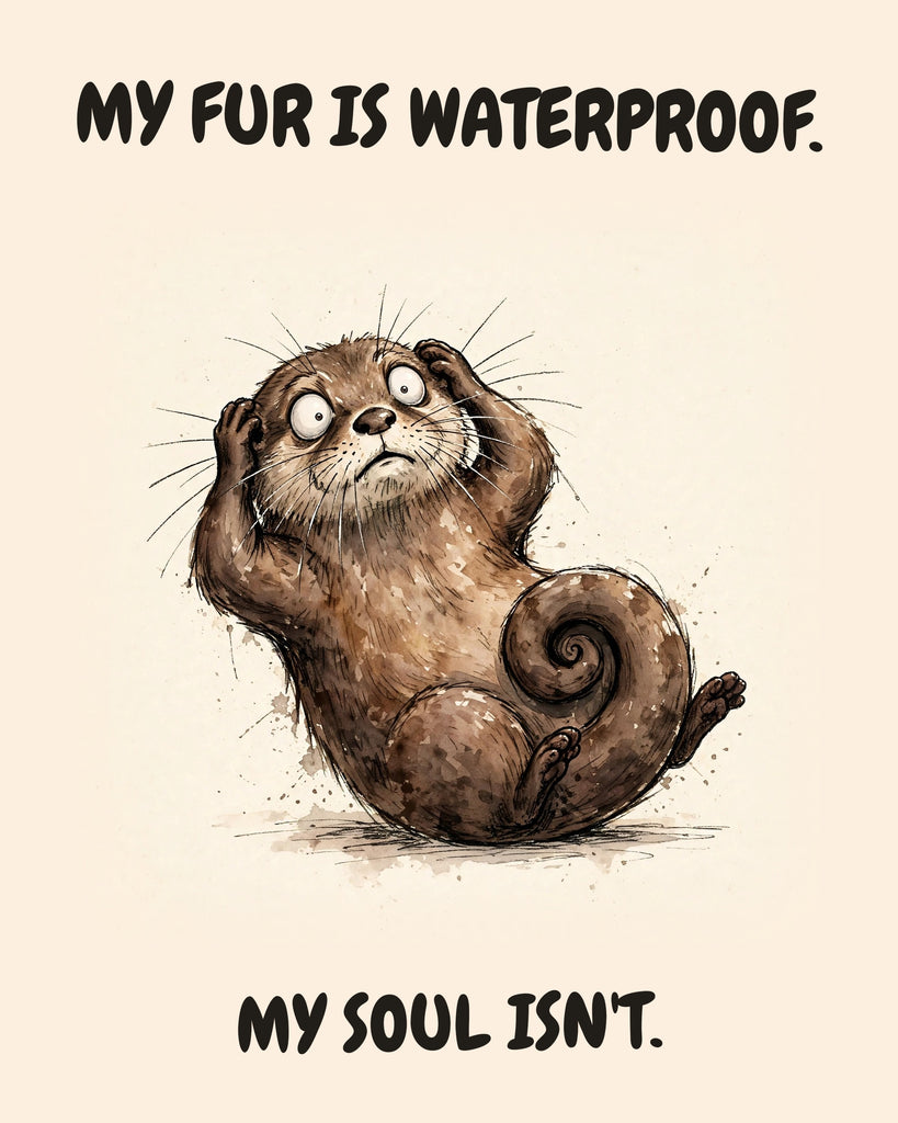 Otter watercolor art print with the saying "MY FUR IS WATERPROOF. MY SOUL ISN'T."