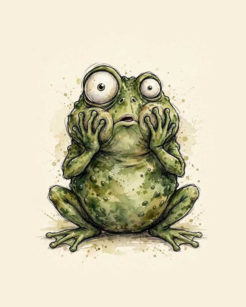 Wordless horrified Frog watercolor art print — the artwork alone on a warm cream background, no text