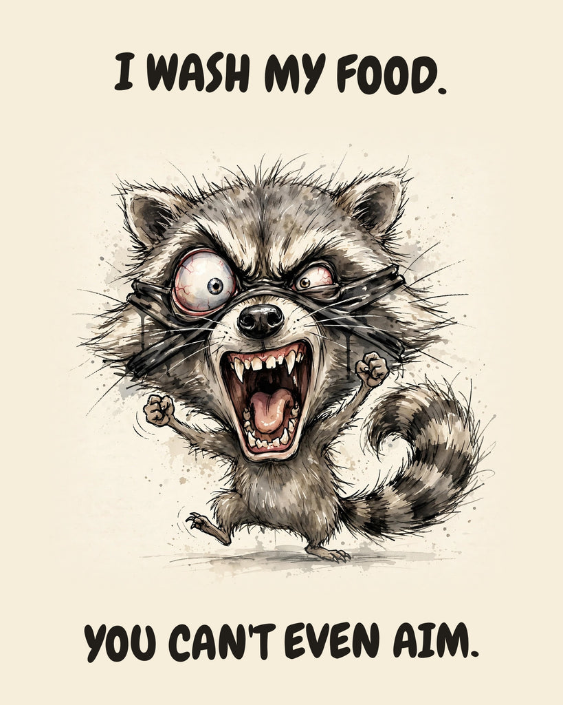 Raccoon watercolor art print with the saying "I WASH MY FOOD. YOU CAN'T EVEN AIM."