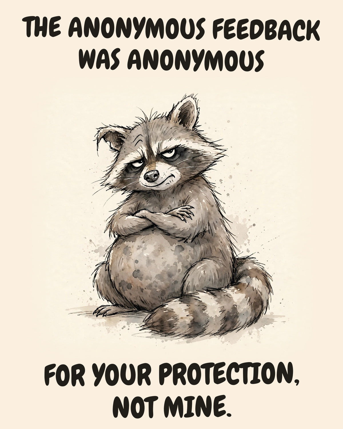 Raccoon watercolor art print with the saying "THE ANONYMOUS FEEDBACK WAS ANONYMOUS FOR YOUR PROTECTION, NOT MINE."