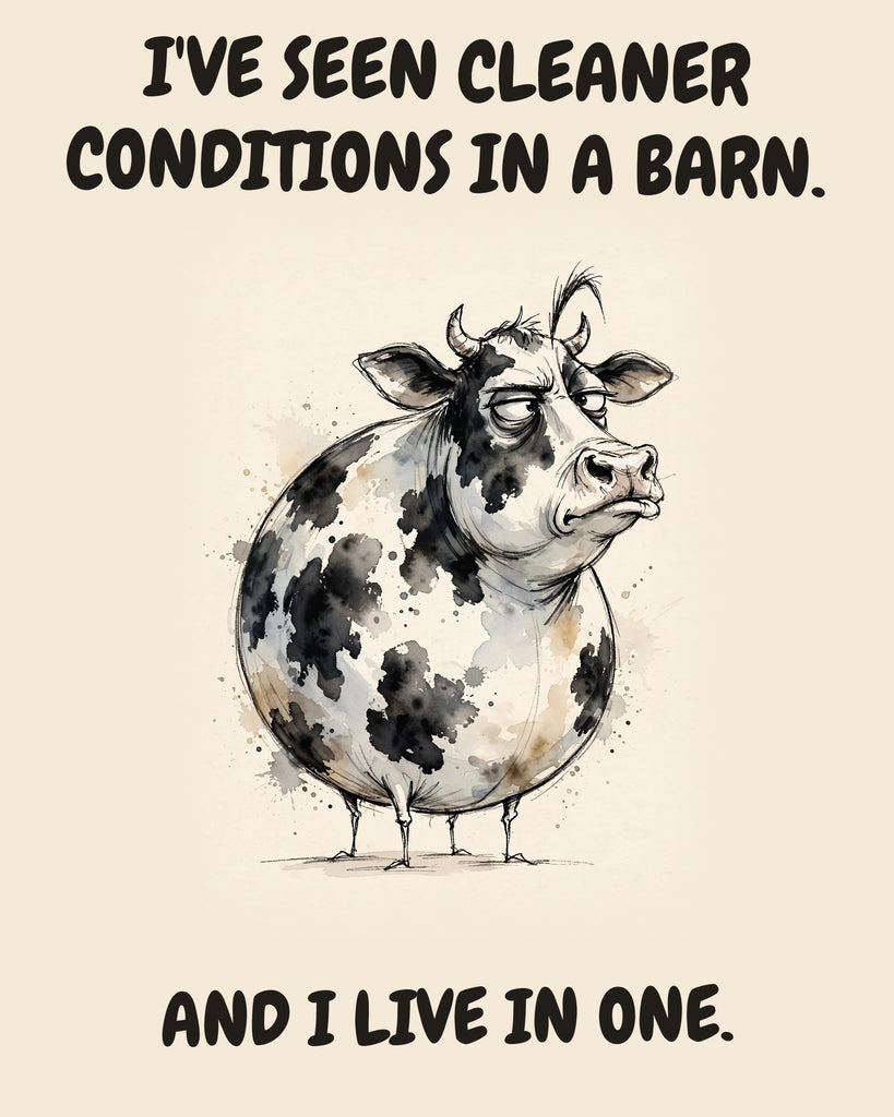 Cow watercolor art print with the saying "I'VE SEEN CLEANER CONDITIONS IN A BARN. AND I LIVE IN ONE."