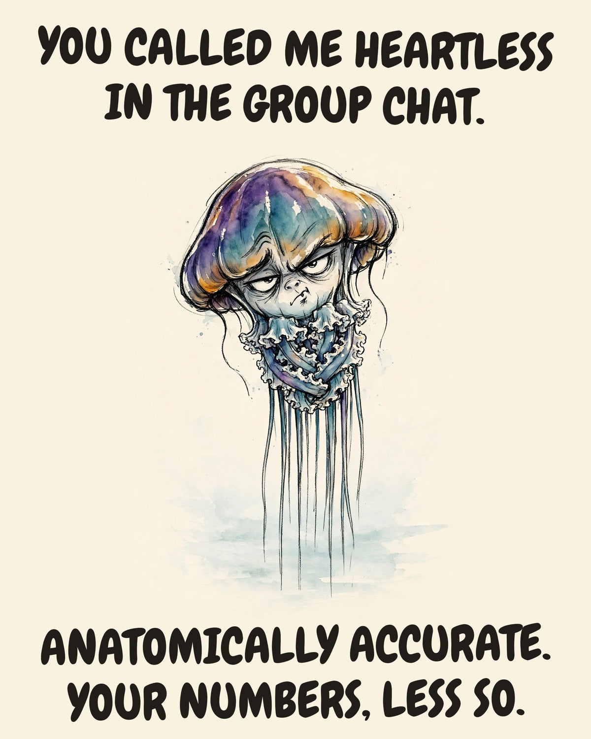 Jellyfish watercolor art print with the saying "YOU CALLED ME HEARTLESS IN THE GROUP CHAT. ANATOMICALLY ACCURATE. YOUR NUMBERS, LESS SO."