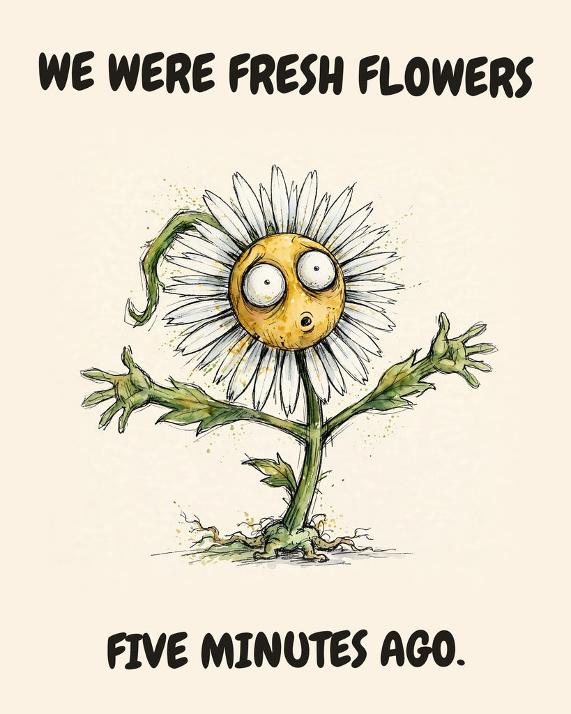 Daisies watercolor art print with the saying "WE WERE FRESH FLOWERS FIVE MINUTES AGO."