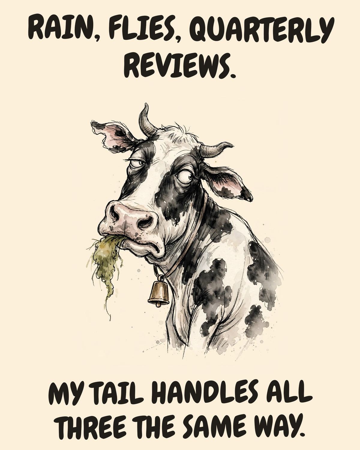 Unbothered Cow office art print in watercolor style, an unbothered cow in a moment of perfect workplace serenity, captioned “RAIN, FLIES, QUARTERLY REVIEWS. MY TAIL HANDLES ALL THREE THE SAME WAY.”
