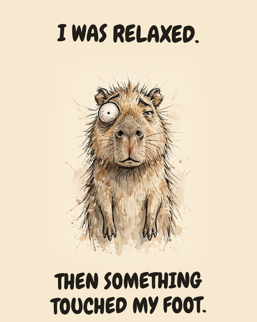 Capybara watercolor art print with the saying "I WAS RELAXED. THEN SOMETHING TOUCHED MY FOOT."