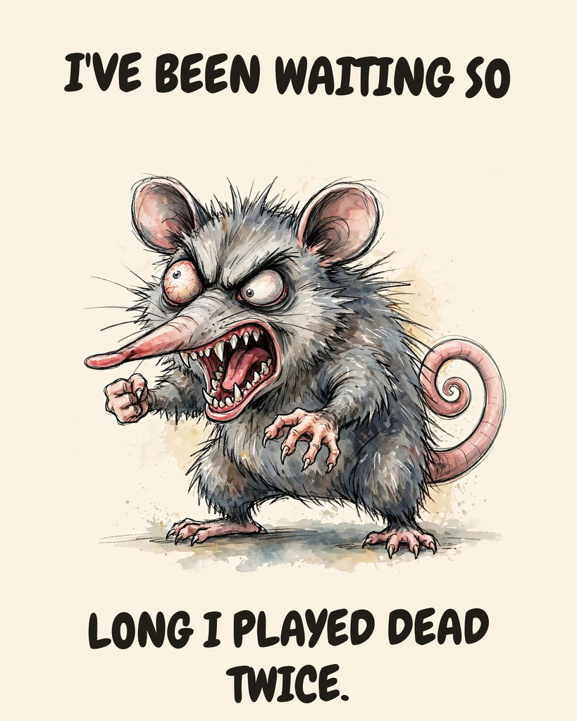 Possum watercolor art print with the saying "I'VE BEEN WAITING SO LONG I PLAYED DEAD TWICE."