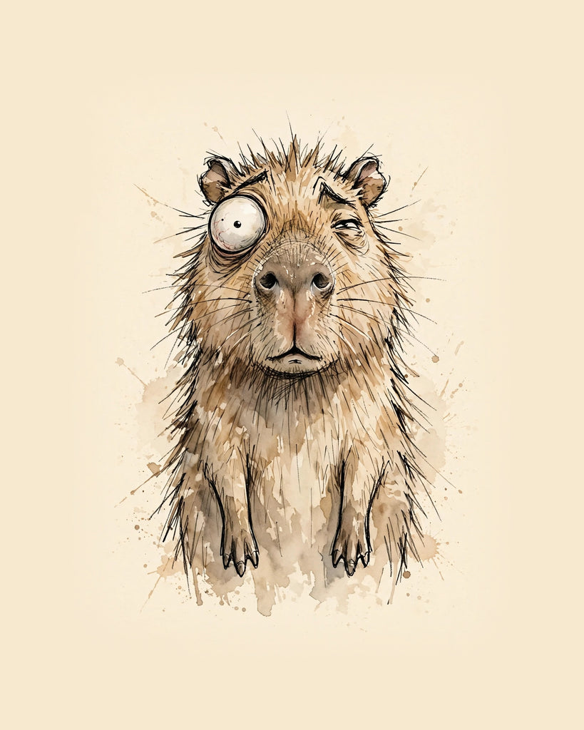 Wordless horrified Capybara watercolor art print — the artwork alone on a warm cream background, no text