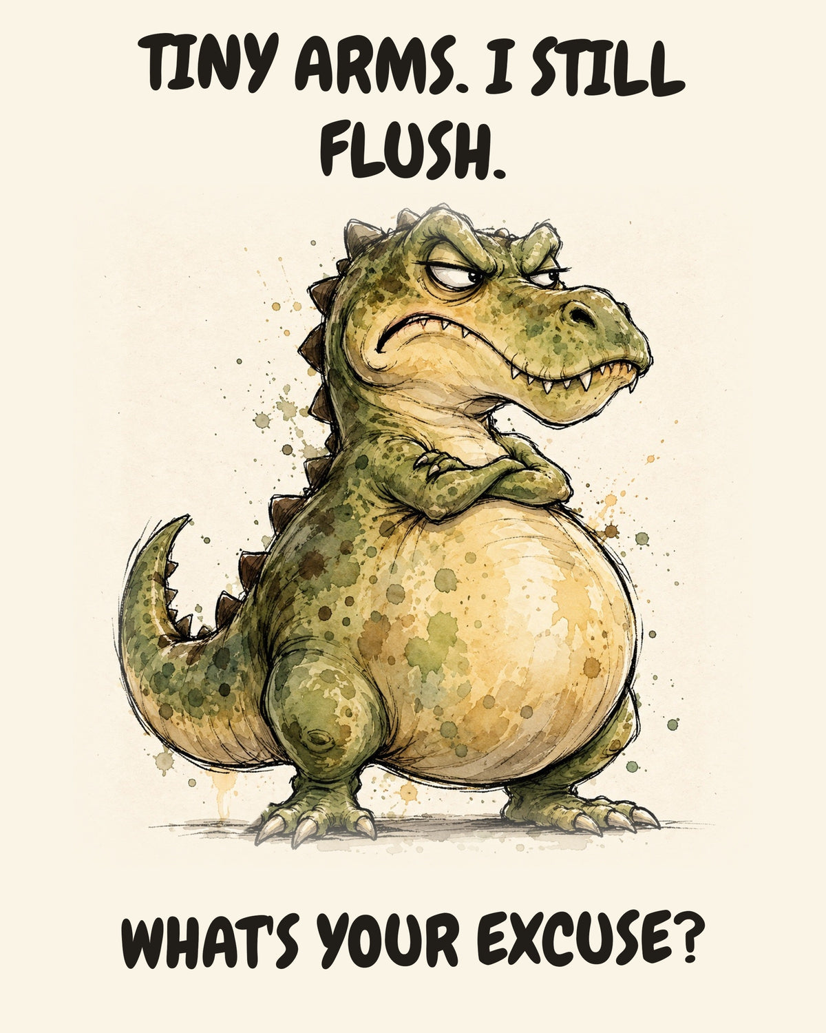 Green Dinosaur watercolor art print with the saying "TINY ARMS. I STILL FLUSH. WHAT'S YOUR EXCUSE?"