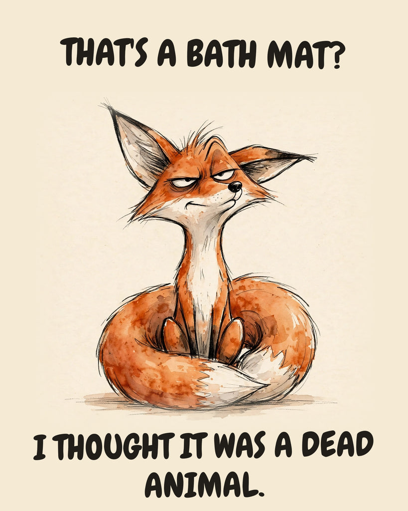 Fox watercolor art print with the saying "THAT'S A BATH MAT? I THOUGHT IT WAS A DEAD ANIMAL."