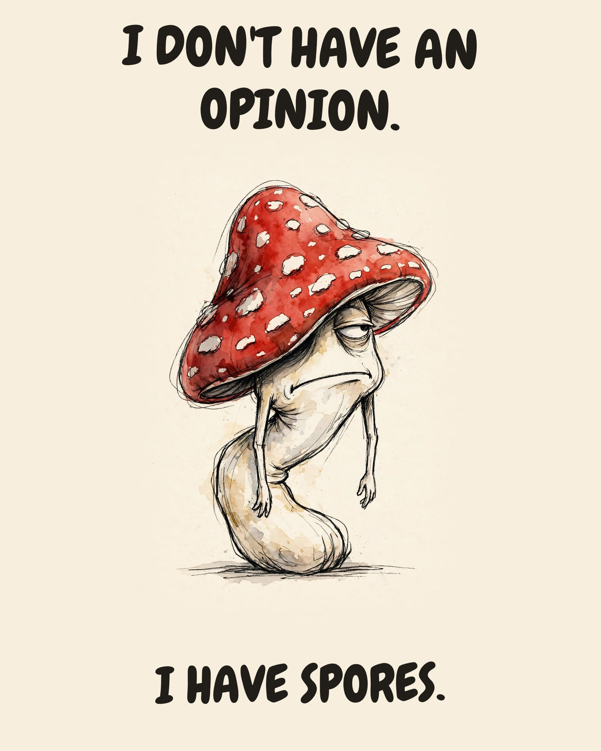 Unbothered Mushroom office art print in watercolor style, an unbothered mushroom in a moment of perfect workplace serenity, captioned “I DON'T HAVE AN OPINION. I HAVE SPORES.”