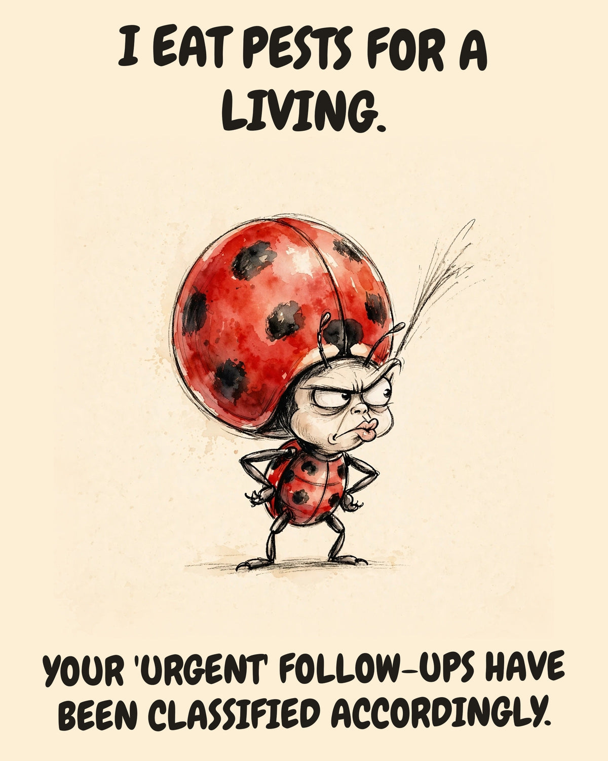 Ladybug watercolor art print with the saying "I EAT PESTS FOR A LIVING. YOUR 'URGENT' FOLLOW-UPS HAVE BEEN CLASSIFIED ACCORDINGLY."