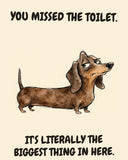 Dachshund watercolor art print with the saying "YOU MISSED THE TOILET. IT'S LITERALLY THE BIGGEST THING IN HERE."