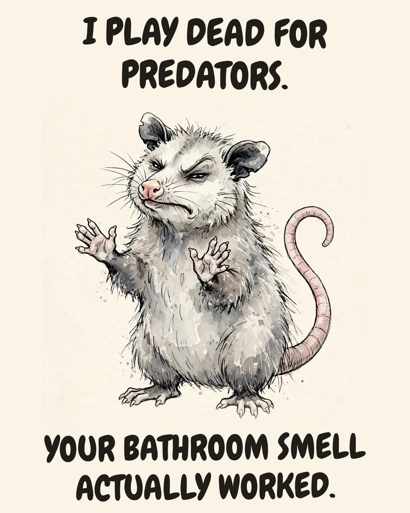 Possum watercolor art print with the saying "I PLAY DEAD FOR PREDATORS. YOUR BATHROOM SMELL ACTUALLY WORKED."