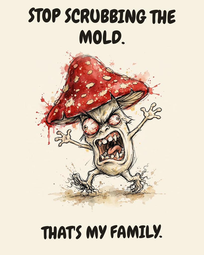 Mushroom watercolor art print with the saying "STOP SCRUBBING THE MOLD. THAT'S MY FAMILY."