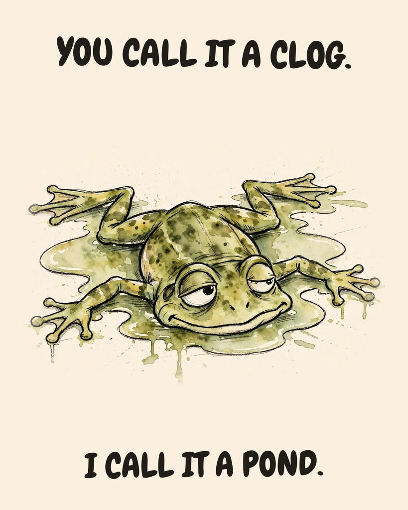 Frog watercolor art print with the saying "YOU CALL IT A CLOG. I CALL IT A POND."