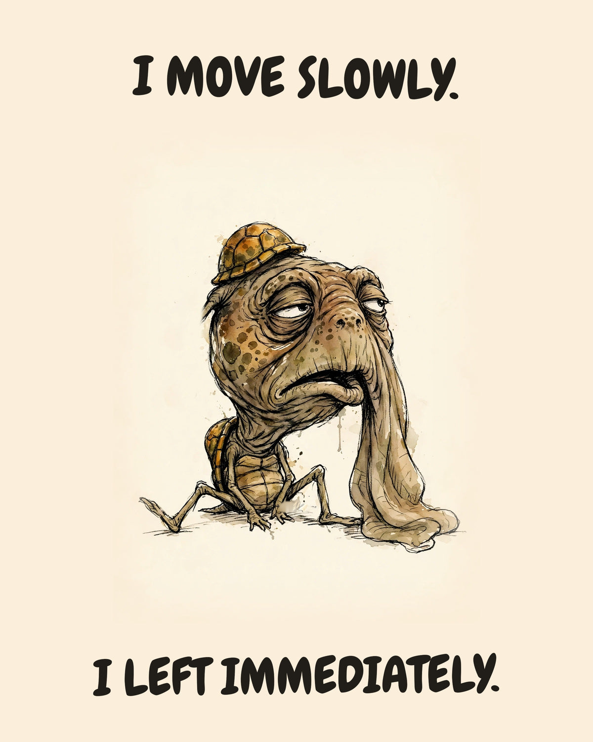 Turtle watercolor art print with the saying "I MOVE SLOWLY. I LEFT IMMEDIATELY."