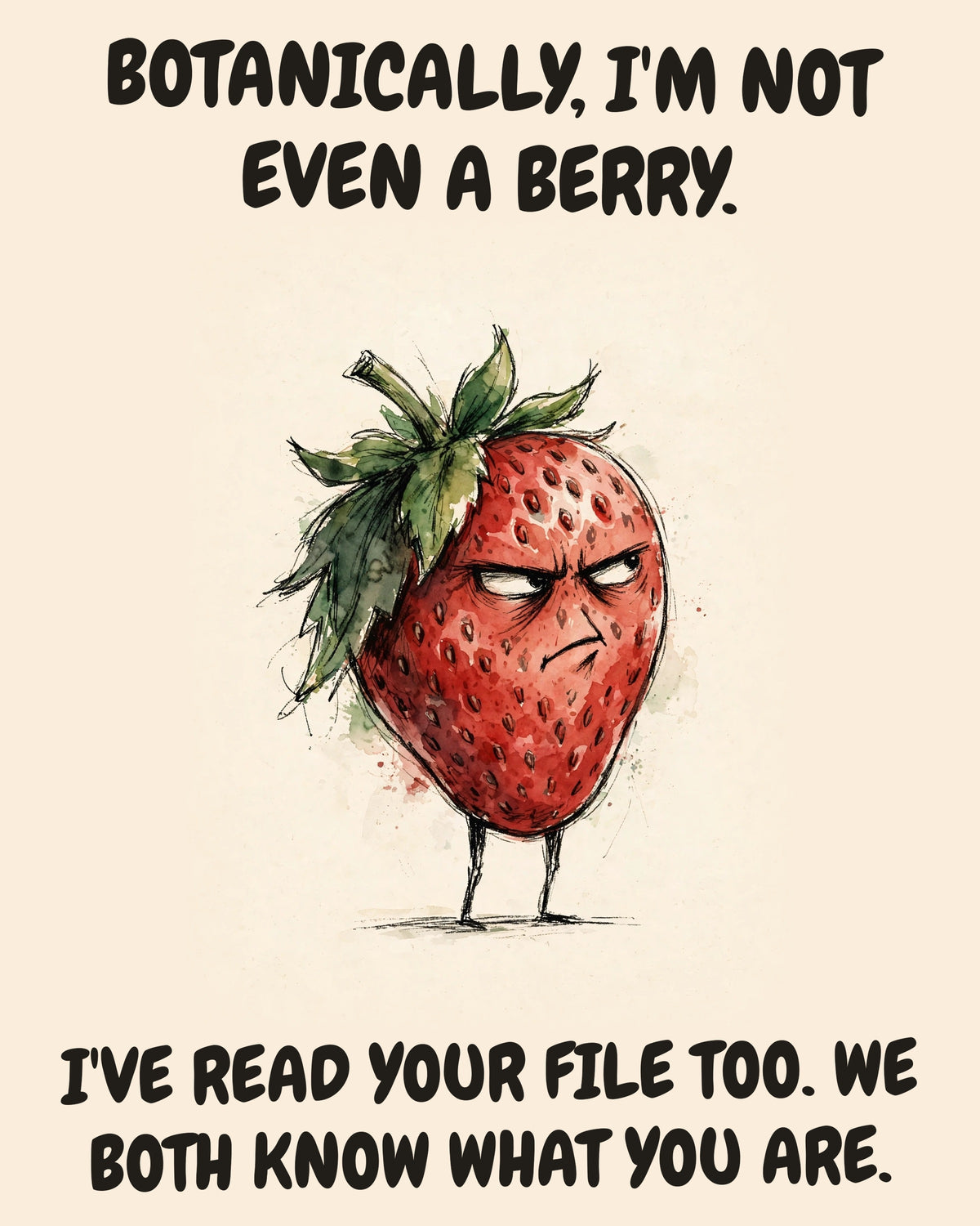 Strawberry watercolor art print with the saying "BOTANICALLY, I'M NOT EVEN A BERRY. I'VE READ YOUR FILE TOO. WE BOTH KNOW WHAT YOU ARE."