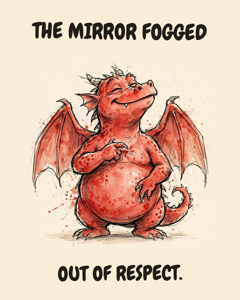 Red Dragon watercolor art print with the saying "THE MIRROR FOGGED OUT OF RESPECT."