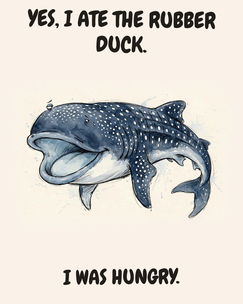 Whale Shark watercolor art print with the saying "YES, I ATE THE RUBBER DUCK. I WAS HUNGRY."