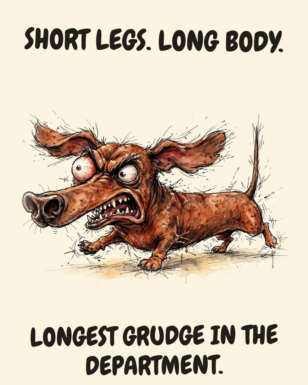 Dachshund watercolor art print with the saying "SHORT LEGS. LONG BODY. LONGEST GRUDGE IN THE DEPARTMENT."