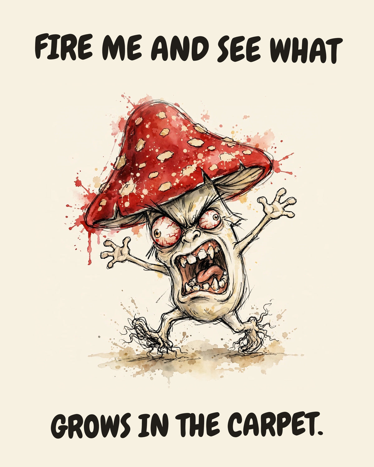 Mushroom watercolor art print with the saying "FIRE ME AND SEE WHAT GROWS IN THE CARPET."