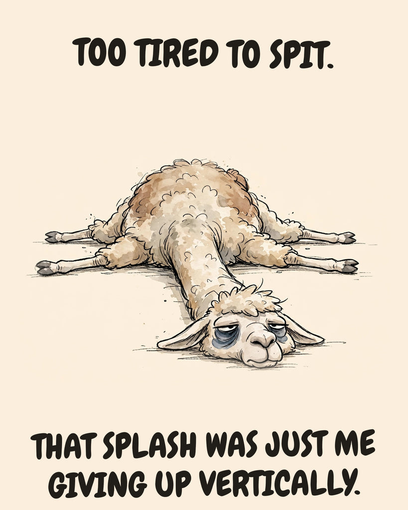 Llama watercolor art print with the saying "TOO TIRED TO SPIT. THAT SPLASH WAS JUST ME GIVING UP VERTICALLY."