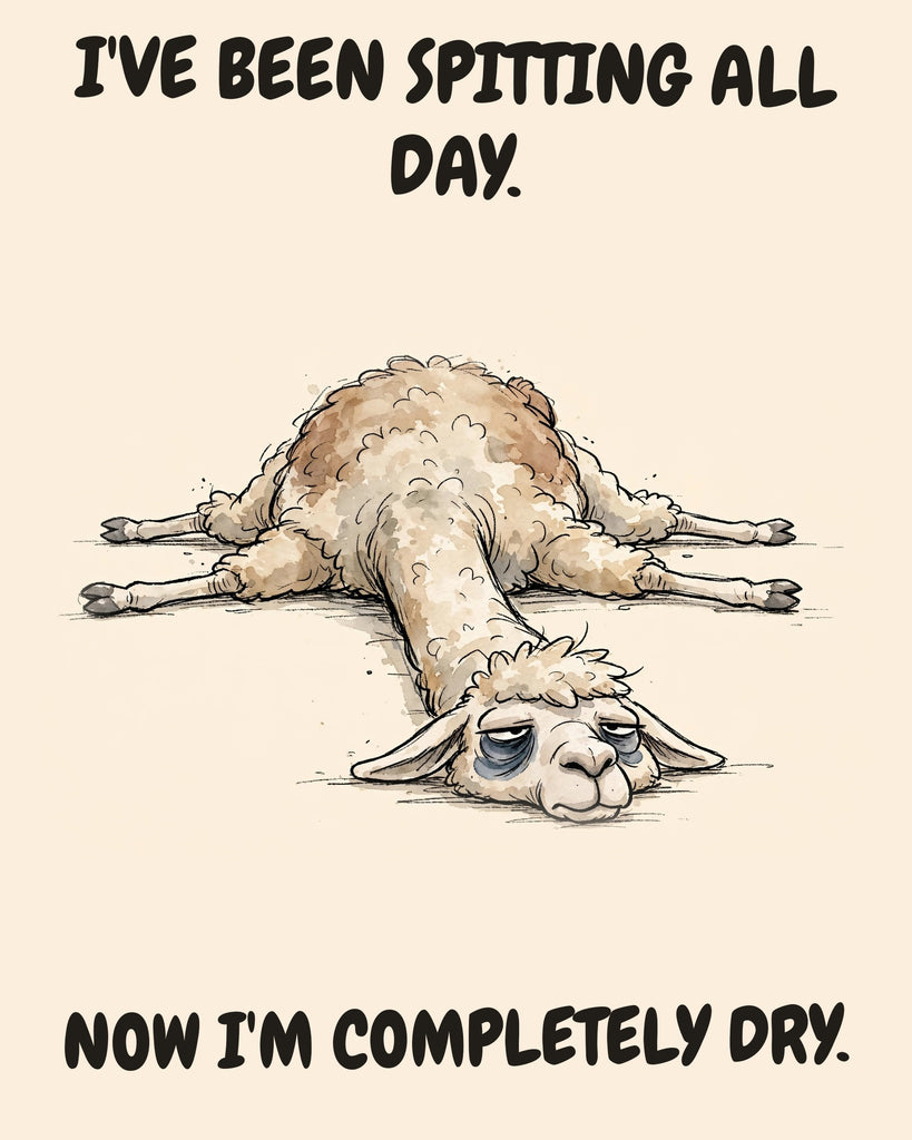 Llama watercolor art print with the saying "I'VE BEEN SPITTING ALL DAY. NOW I'M COMPLETELY DRY."