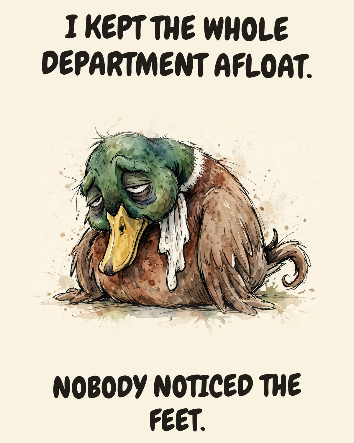 Mallard watercolor art print with the saying "I KEPT THE WHOLE DEPARTMENT AFLOAT. NOBODY NOTICED THE FEET."