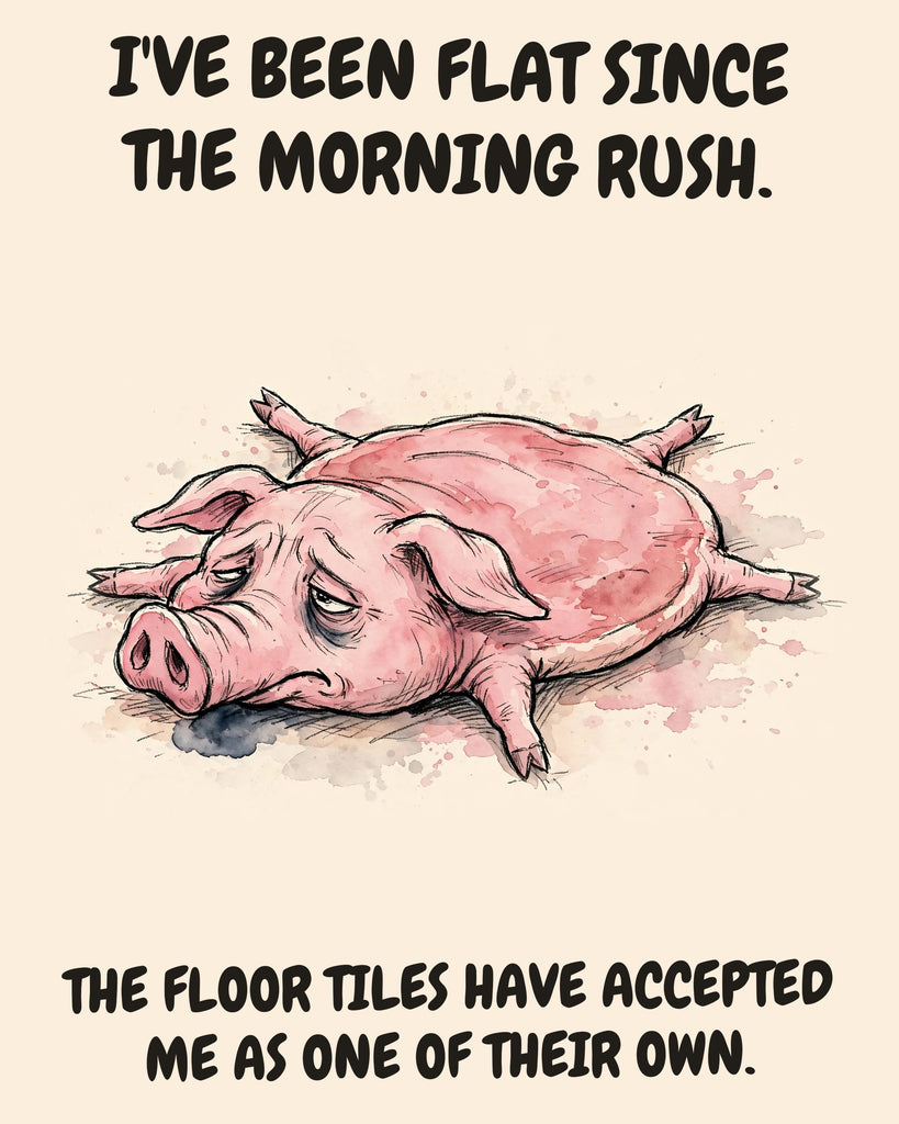 Pig watercolor art print with the saying "I'VE BEEN FLAT SINCE THE MORNING RUSH. THE FLOOR TILES HAVE ACCEPTED ME AS ONE OF THEIR OWN."