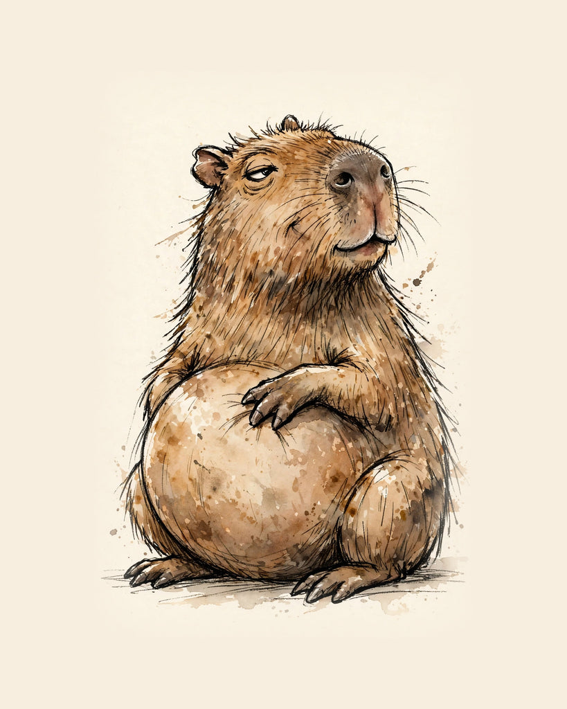 Wordless smug Capybara watercolor art print — the artwork alone on a warm cream background, no text