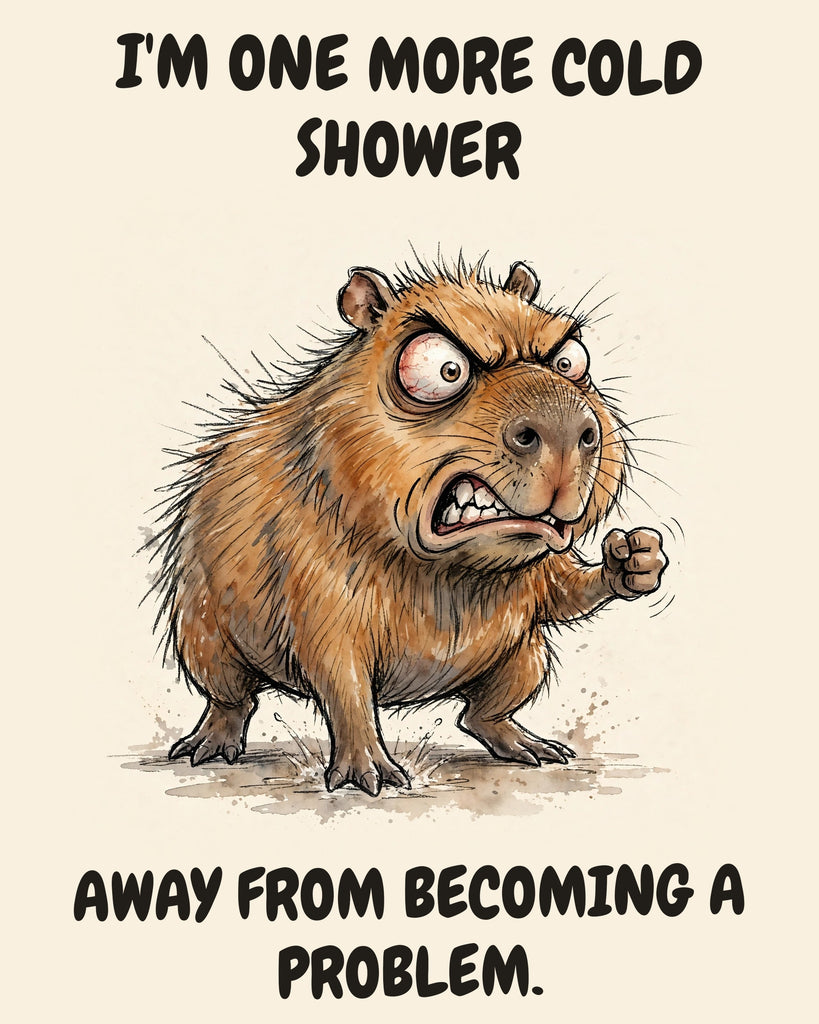 Capybara watercolor art print with the saying "I'M ONE MORE COLD SHOWER AWAY FROM BECOMING A PROBLEM."