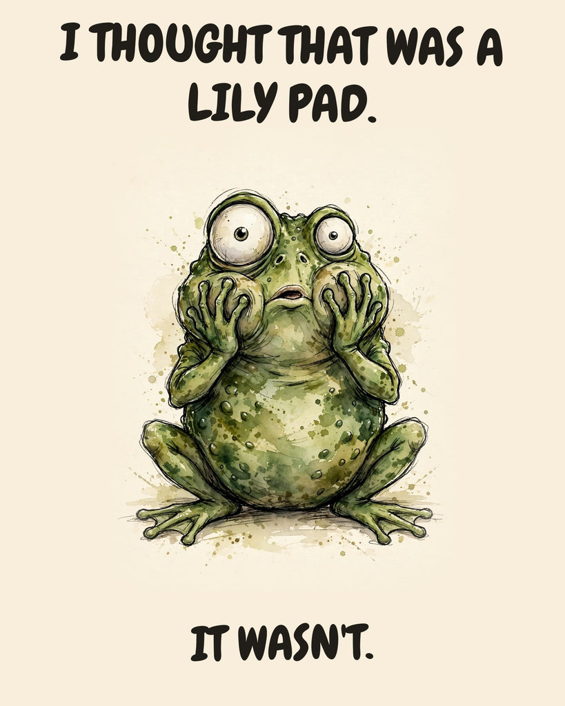 Frog watercolor art print with the saying "I THOUGHT THAT WAS A LILY PAD. IT WASN'T."