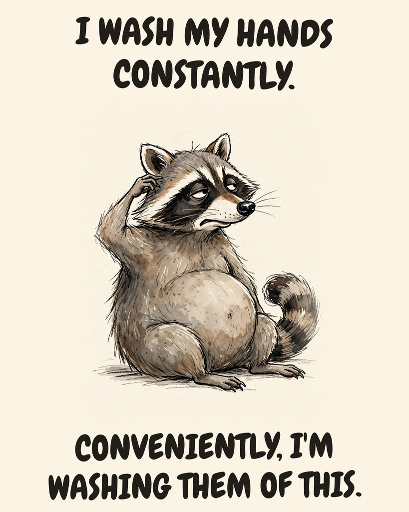 Raccoon watercolor art print with the saying "I WASH MY HANDS CONSTANTLY. CONVENIENTLY, I'M WASHING THEM OF THIS."