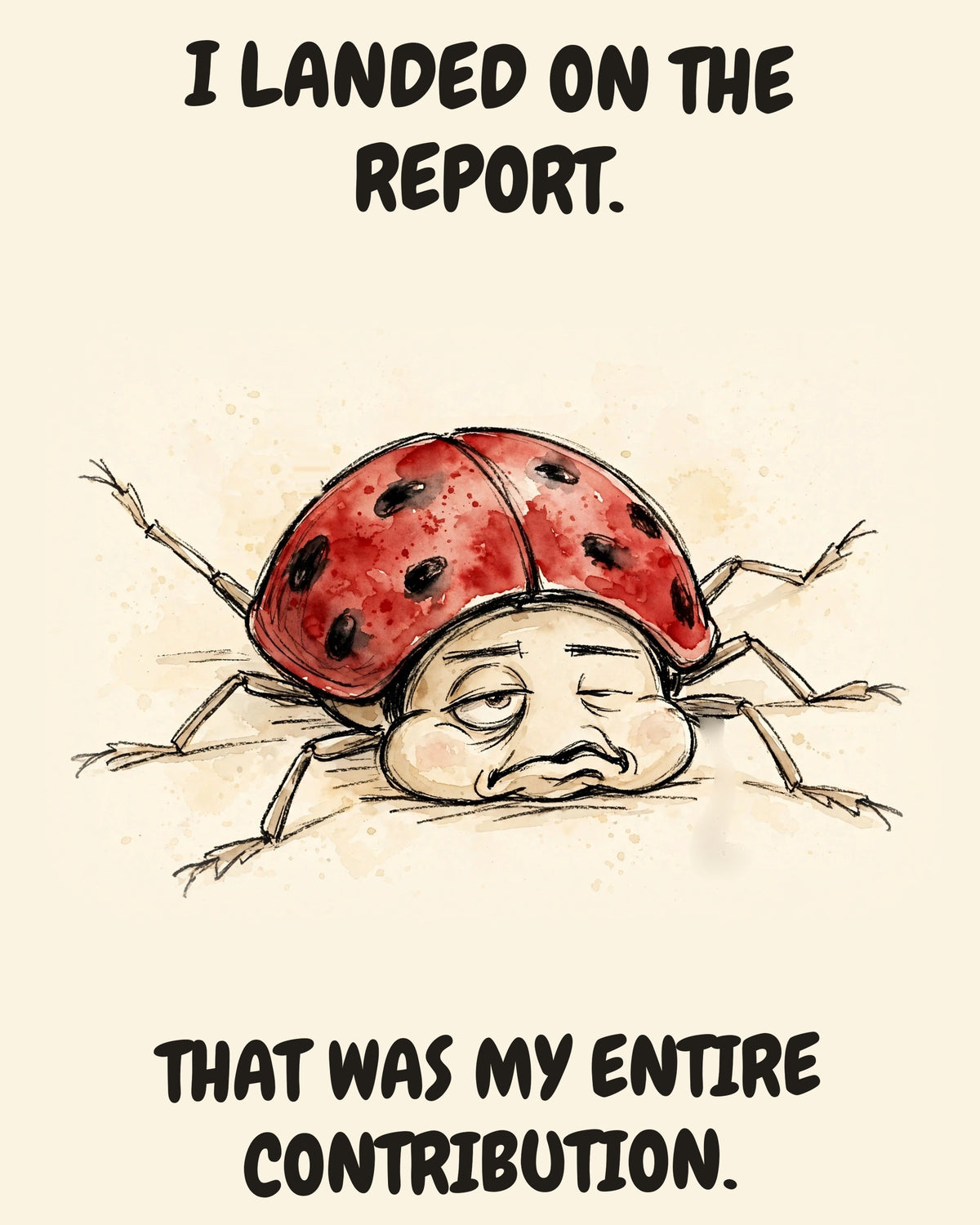 Unbothered Ladybug office art print in watercolor style, an unbothered ladybug in a moment of perfect workplace serenity, captioned “I LANDED ON THE REPORT. THAT WAS MY ENTIRE CONTRIBUTION.”