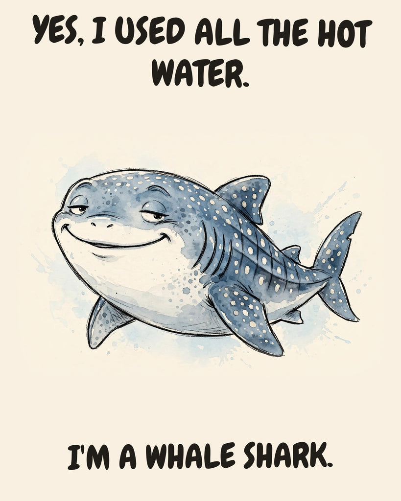Whale Shark watercolor art print with the saying "YES, I USED ALL THE HOT WATER. I'M A WHALE SHARK."