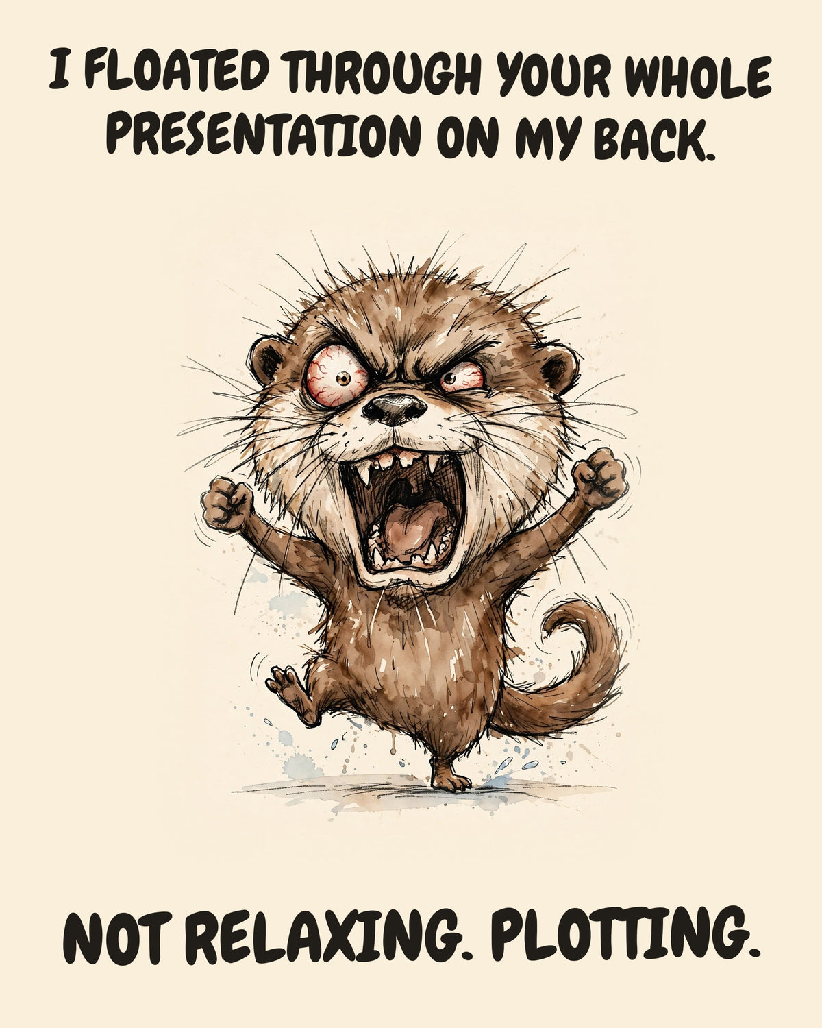 Otter watercolor art print with the saying "I FLOATED THROUGH YOUR WHOLE PRESENTATION ON MY BACK. NOT RELAXING. PLOTTING."