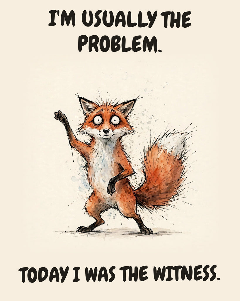 Fox watercolor art print with the saying "I'M USUALLY THE PROBLEM. TODAY I WAS THE WITNESS."