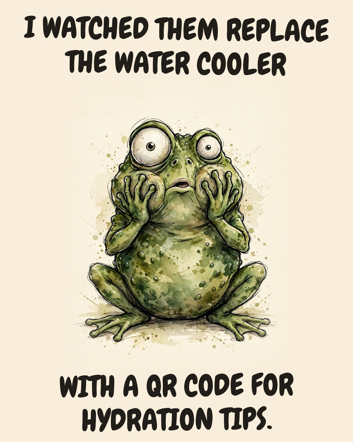 Frog watercolor art print with the saying "I WATCHED THEM REPLACE THE WATER COOLER WITH A QR CODE FOR HYDRATION TIPS."
