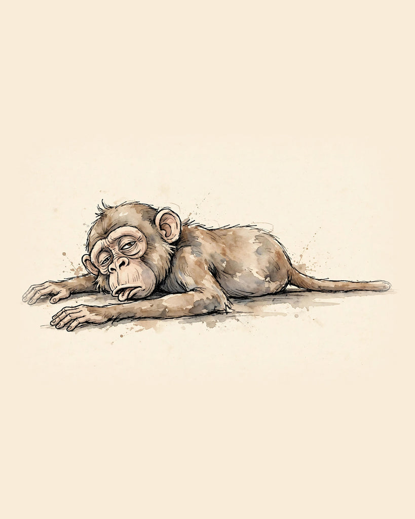 Wordless exhausted Monkey watercolor art print — the artwork alone on a warm cream background, no text